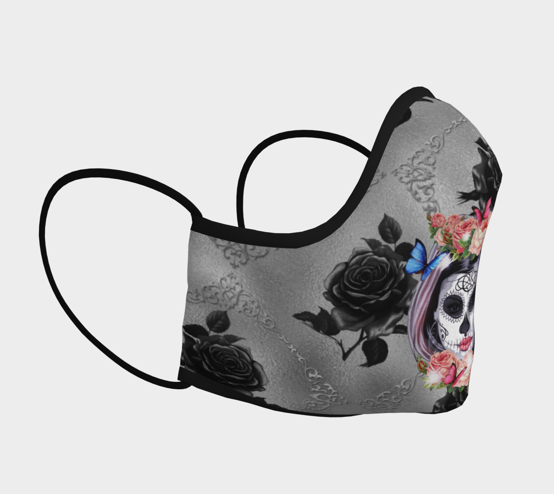 Womens Sugar Skull & Mod Flowers Face Mask Pastel Goth Black Blue Pink Reuseable Washable Double Layer Made in Canada preview #3