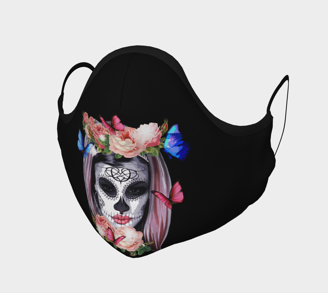 Fabric Mask Womens Sugar Skull & Mod Flowers Face Mask Pastel Goth Black Blue Pink Reuseable Washable Made in Canada preview #1