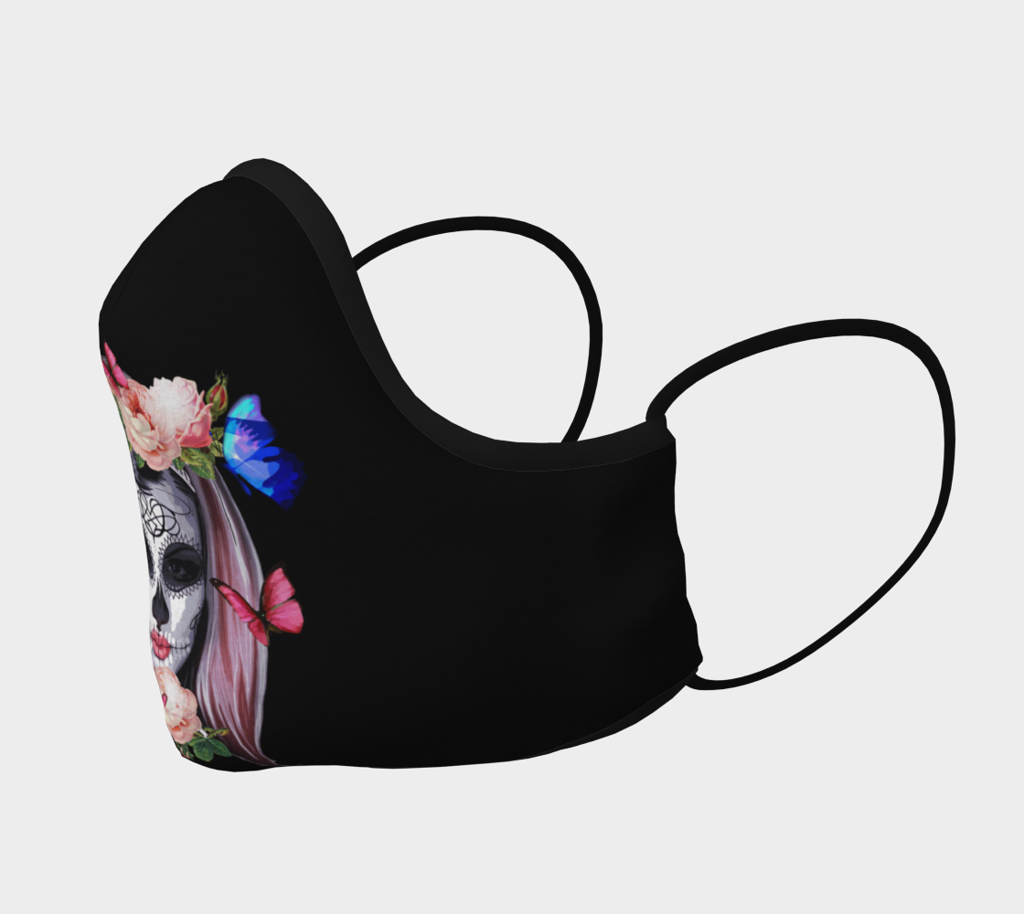 Fabric Mask Womens Sugar Skull & Mod Flowers Face Mask Pastel Goth Black Blue Pink Reuseable Washable Made in Canada preview #2
