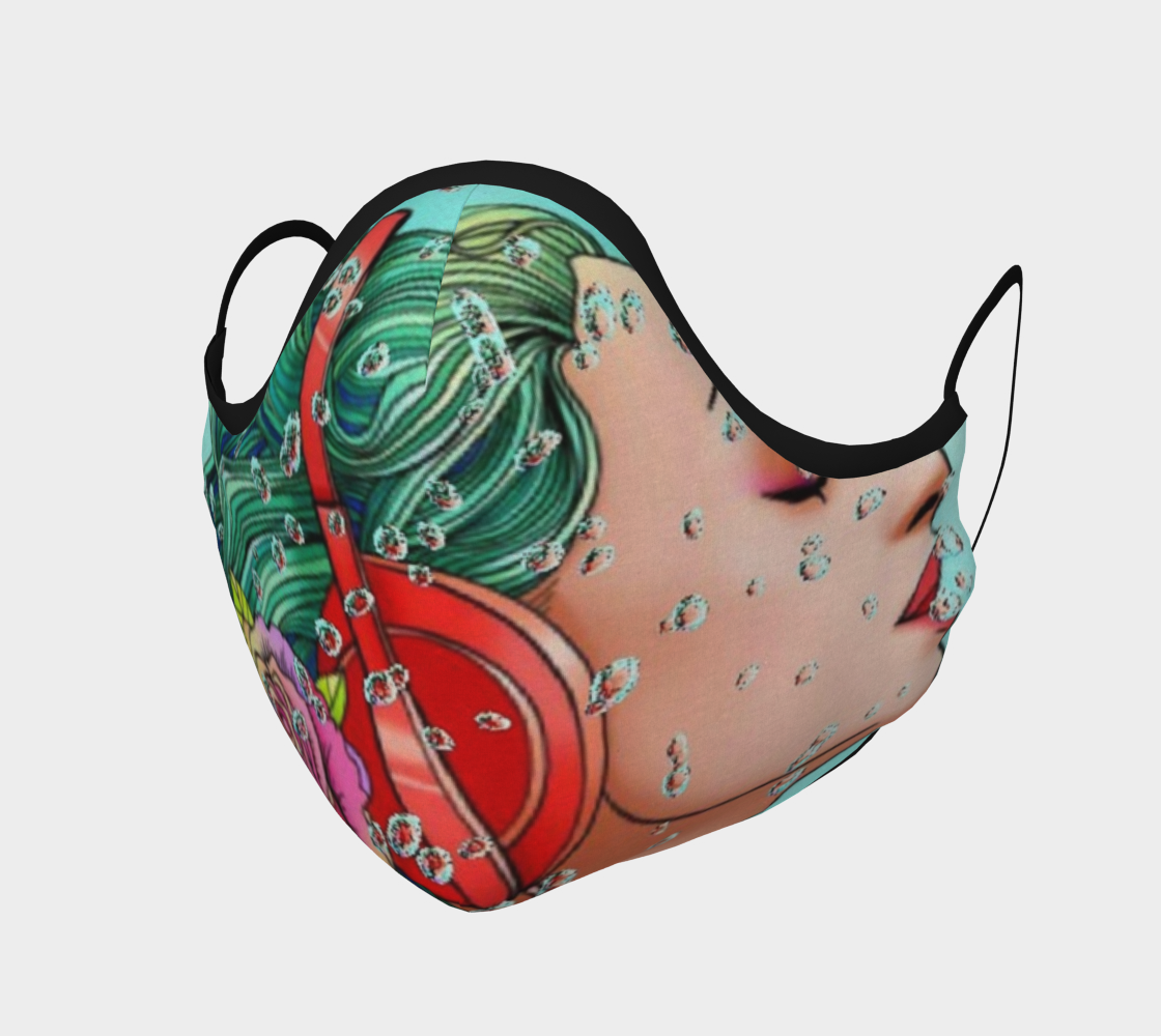 A girl with headphones enjoys beautiful music. Mask with flowers preview