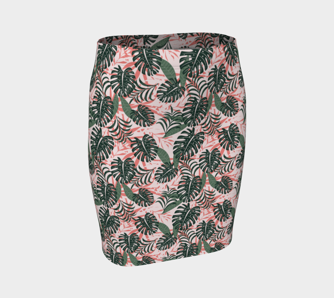 Green Tropical Leaves On Pink Background Fitted Skirt preview