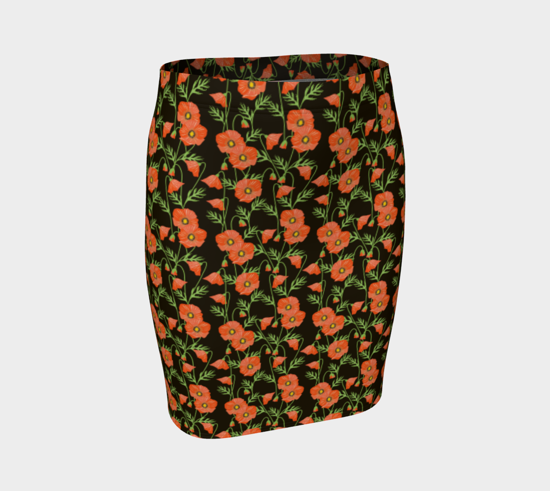 Red Poppy And Leaf Pattern On Black Fitted Skirt preview