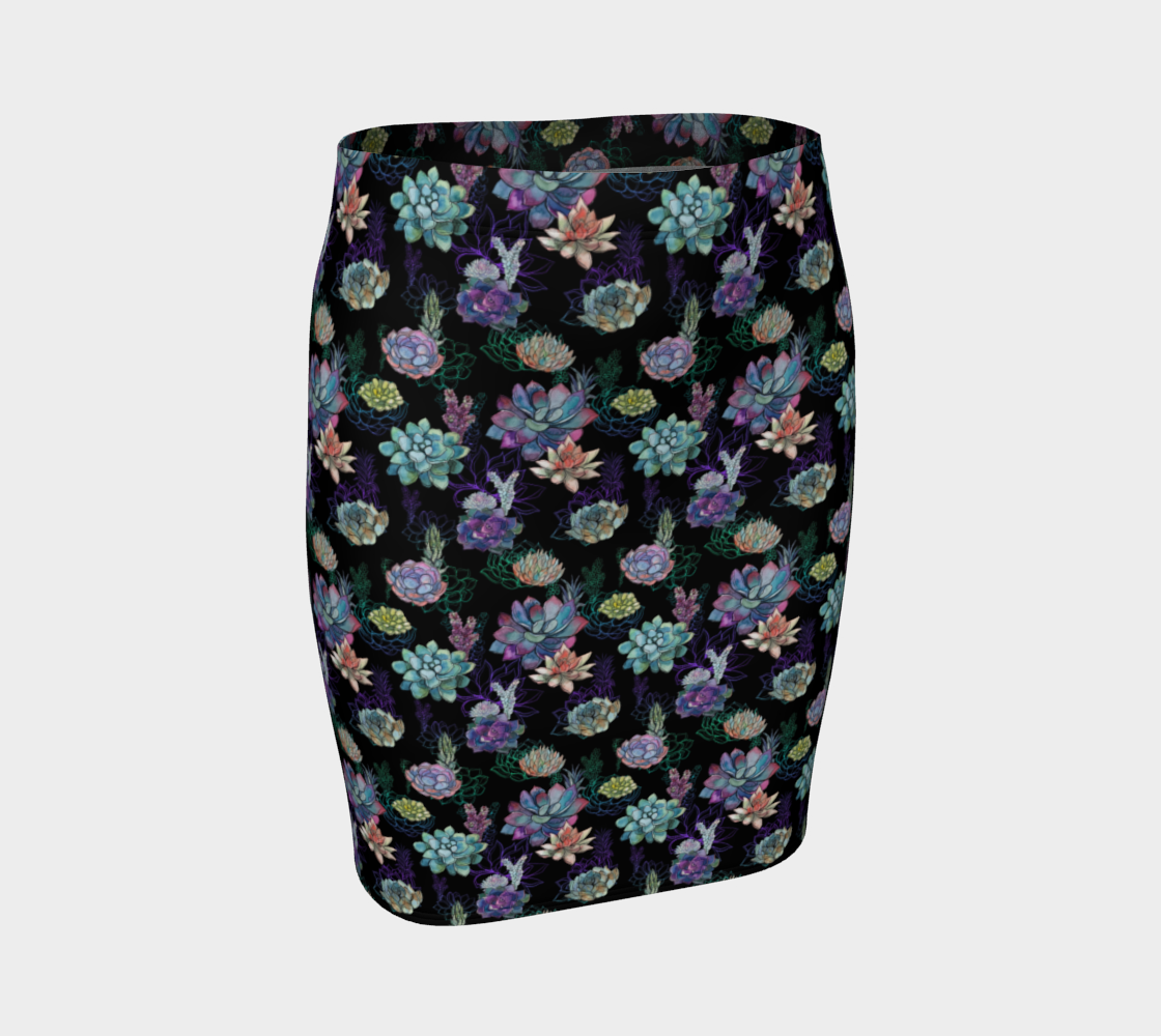Colorful Succulent Cactus Flowers On Black Fitted Skirt preview #1