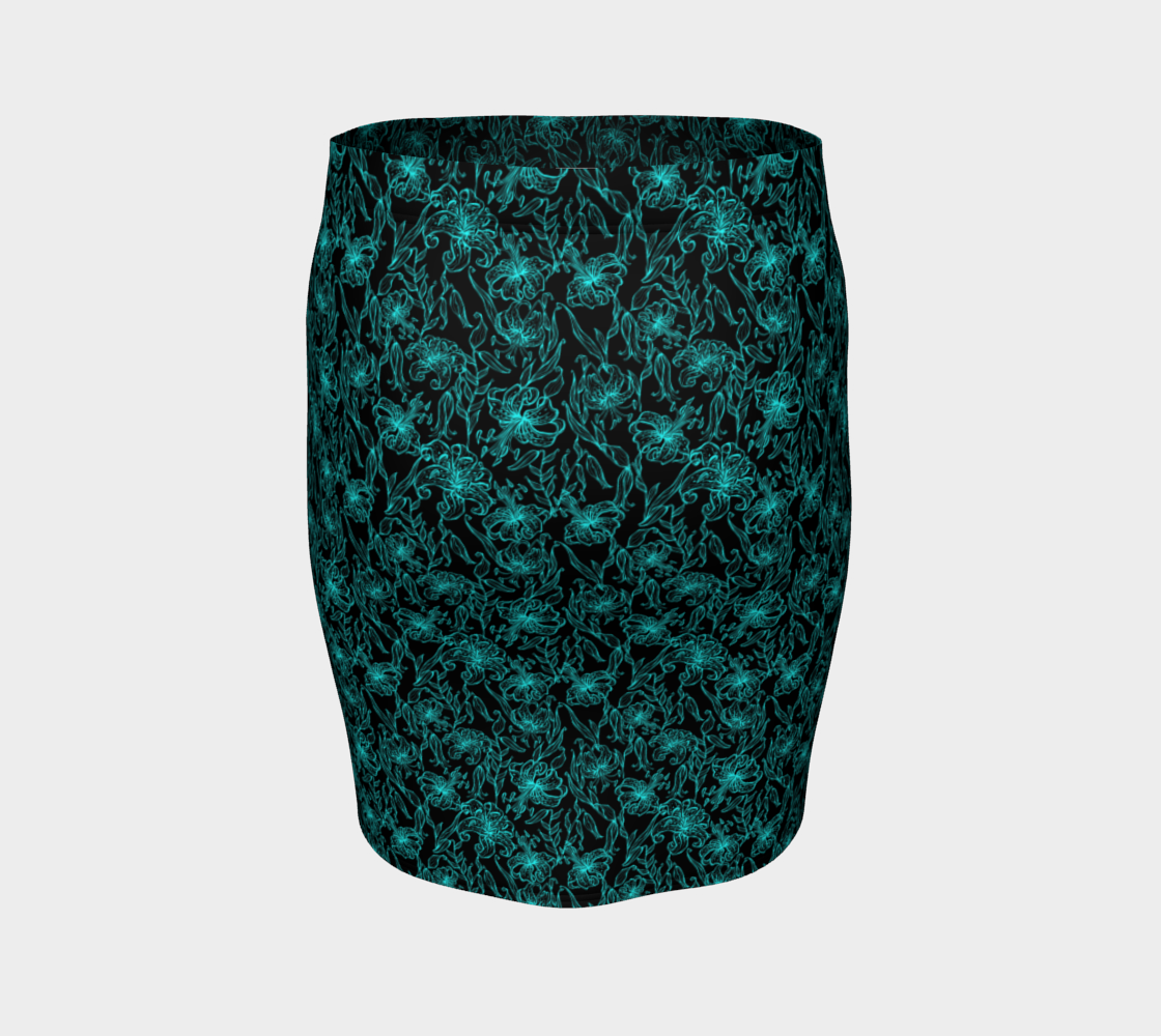 Aqua Blue Blossoms On Black Fitted Skirt thumbnail #5