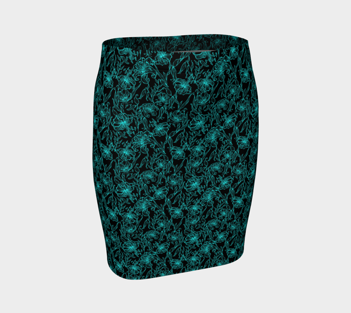 Aqua Blue Blossoms On Black Fitted Skirt preview