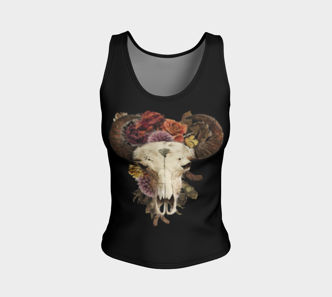 Vintage Flower Bison Animal Horned Skull Black preview #1