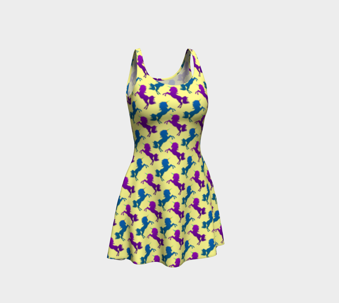 Aperçu de Purple & Blue Unicorn Pattern on Light Yellow Flare Dress, AWSD