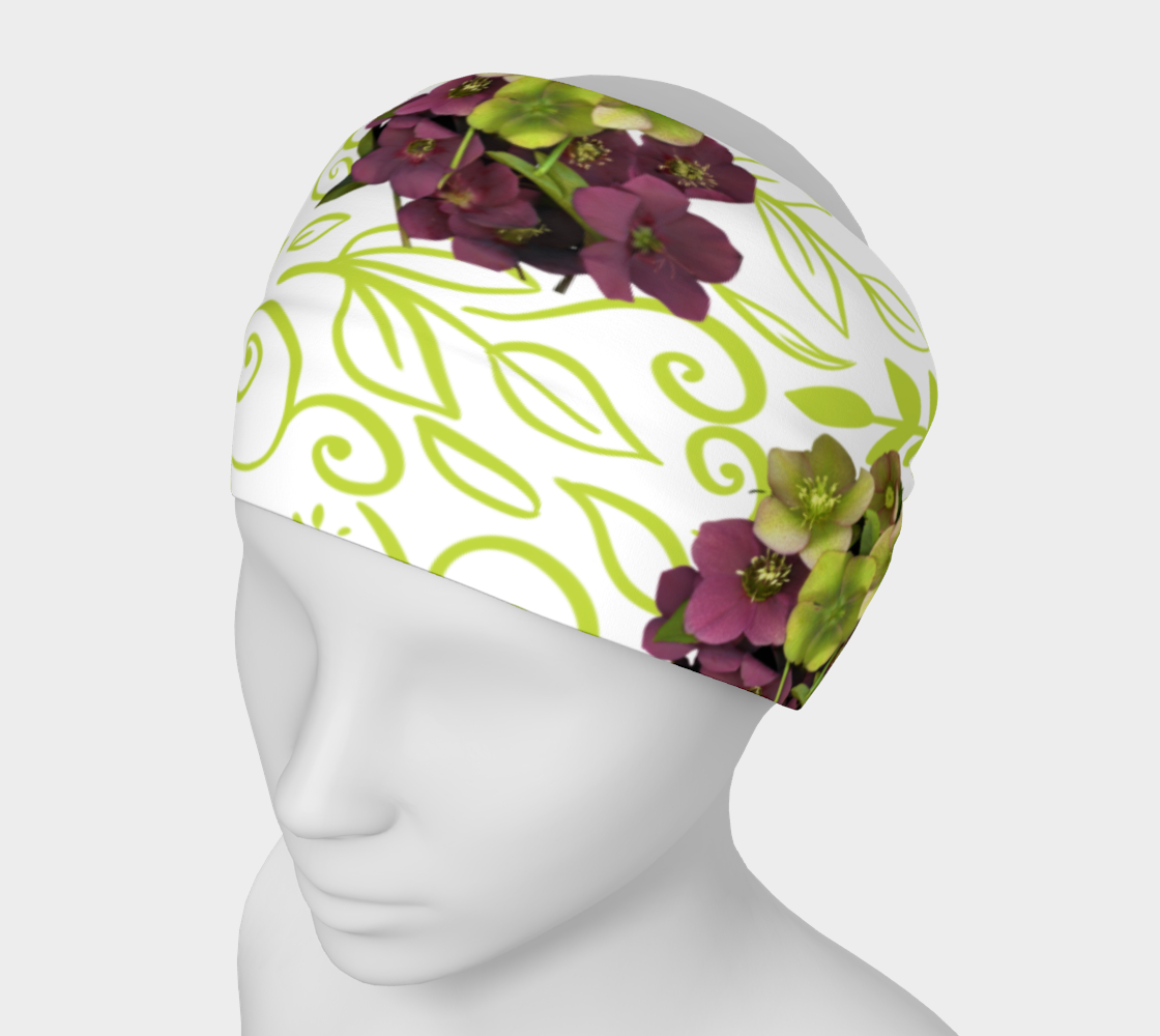 Headband * Green Purple Floral Head Scarf * Flowered Hair Cover * Hellebore Bouquet Green preview