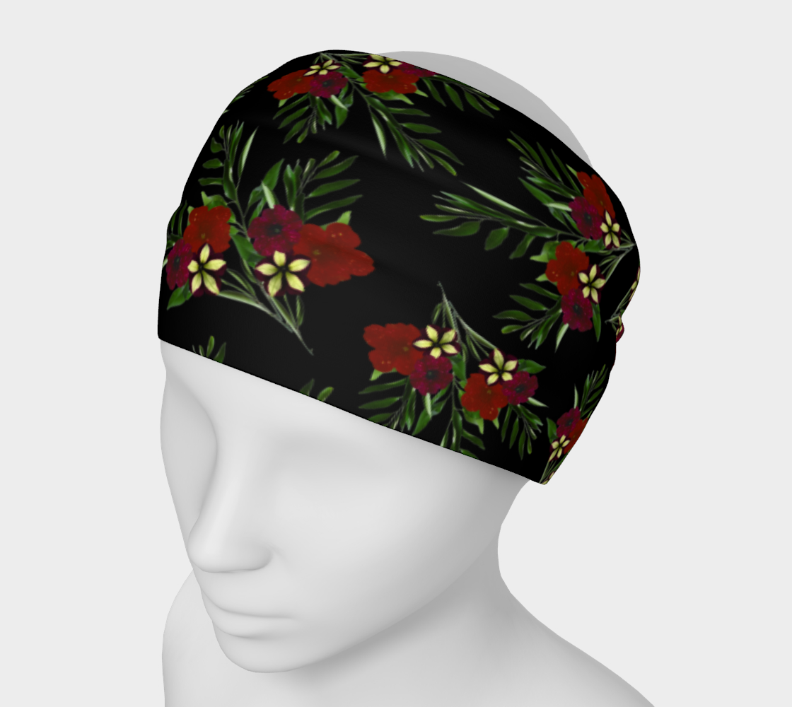 Headband * Abstract Floral Head Scarf * Black Red Green Flowered Hair Covering * Red Petunia w/ Greenery  preview