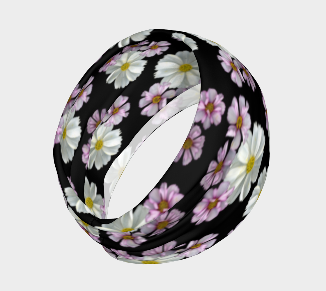 Aperçu de Headband * Abstract Floral Head Scarf * Black Pink Flowered Hair Covering * Pink Purple White Cosmos Blossoms #2