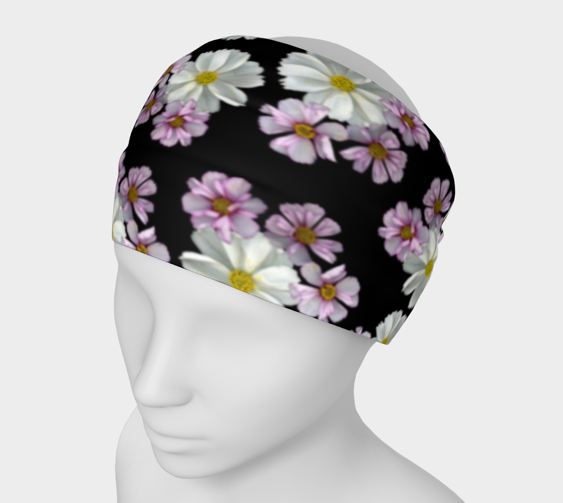 Headband * Abstract Floral Head Scarf * Black Pink Flowered Hair Covering * Pink Purple White Cosmos Blossoms preview