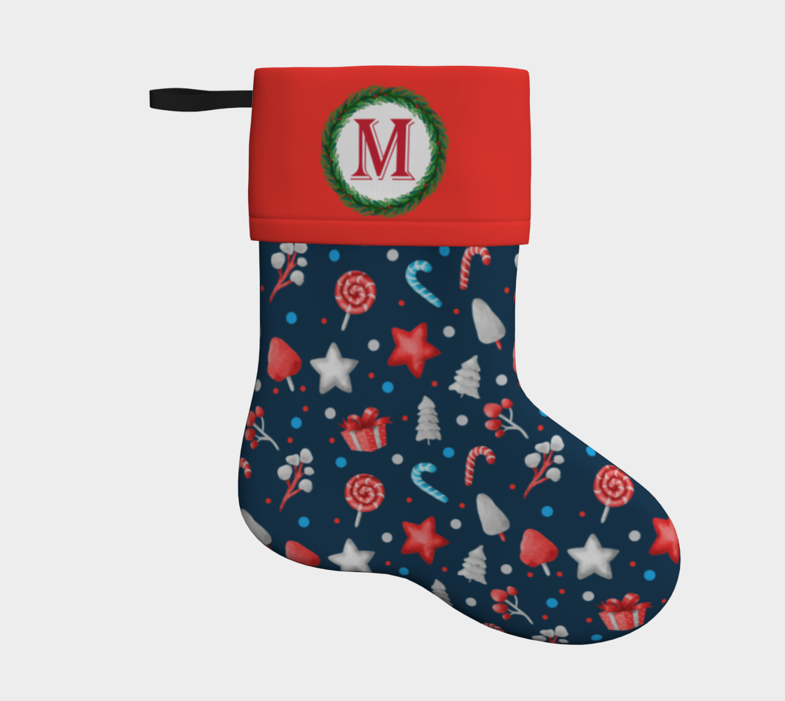 Aperçu de Monogram M Christmas Candy Stars Trees Blue Red Pattern Stocking