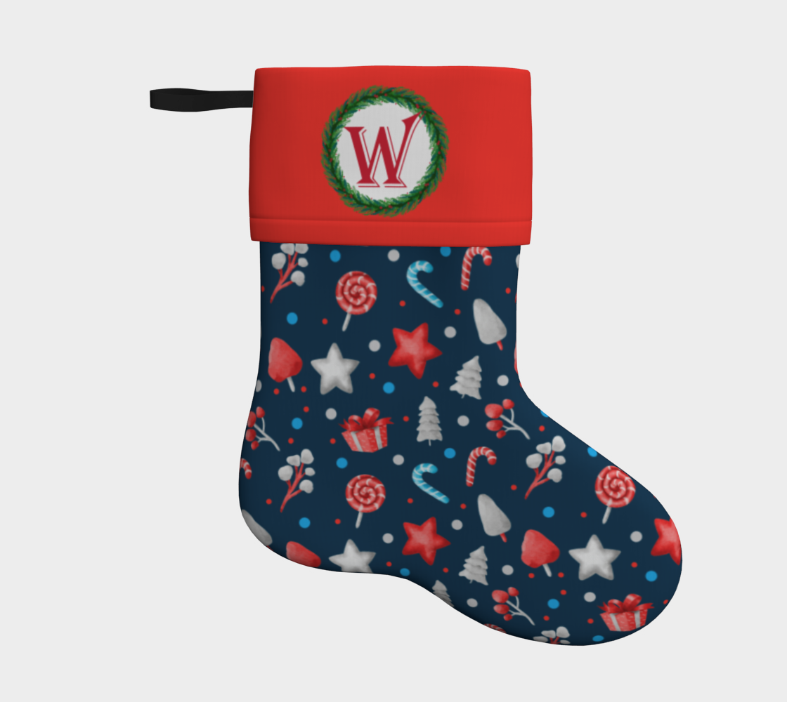 Aperçu de Monogram W Christmas Candy Stars Trees Blue Red Pattern Stocking