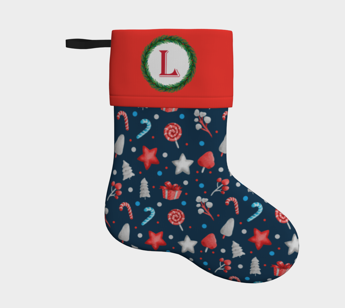 Aperçu de Monogram L Christmas Candy Stars Trees Blue Red Pattern Stocking