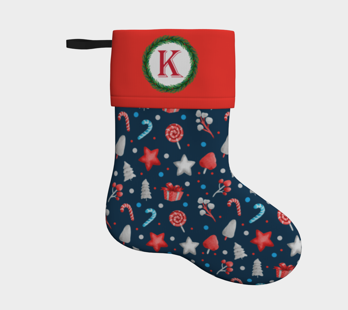 Aperçu de Monogram K Christmas Candy Stars Trees Blue Red Pattern Stocking