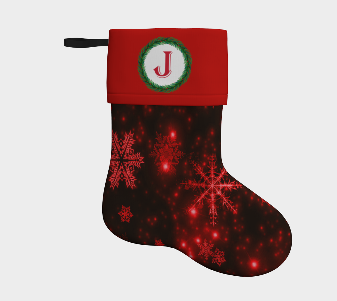 Aperçu de Monogram J Deep Red and Bright Snowflakes Christmas Stocking