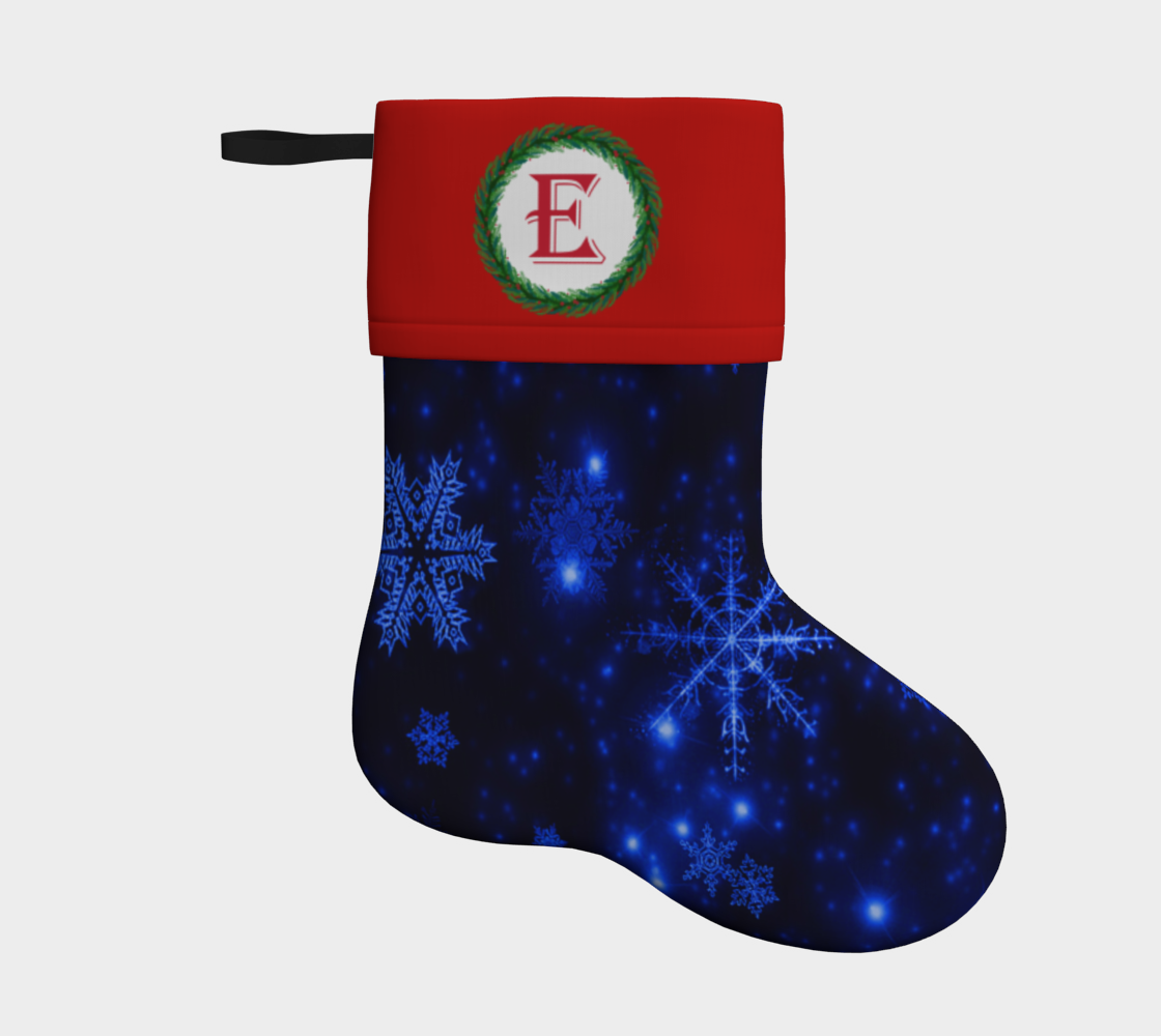 Aperçu de Monogram E Deep Blue and Bright Snowflakes Christmas Stocking