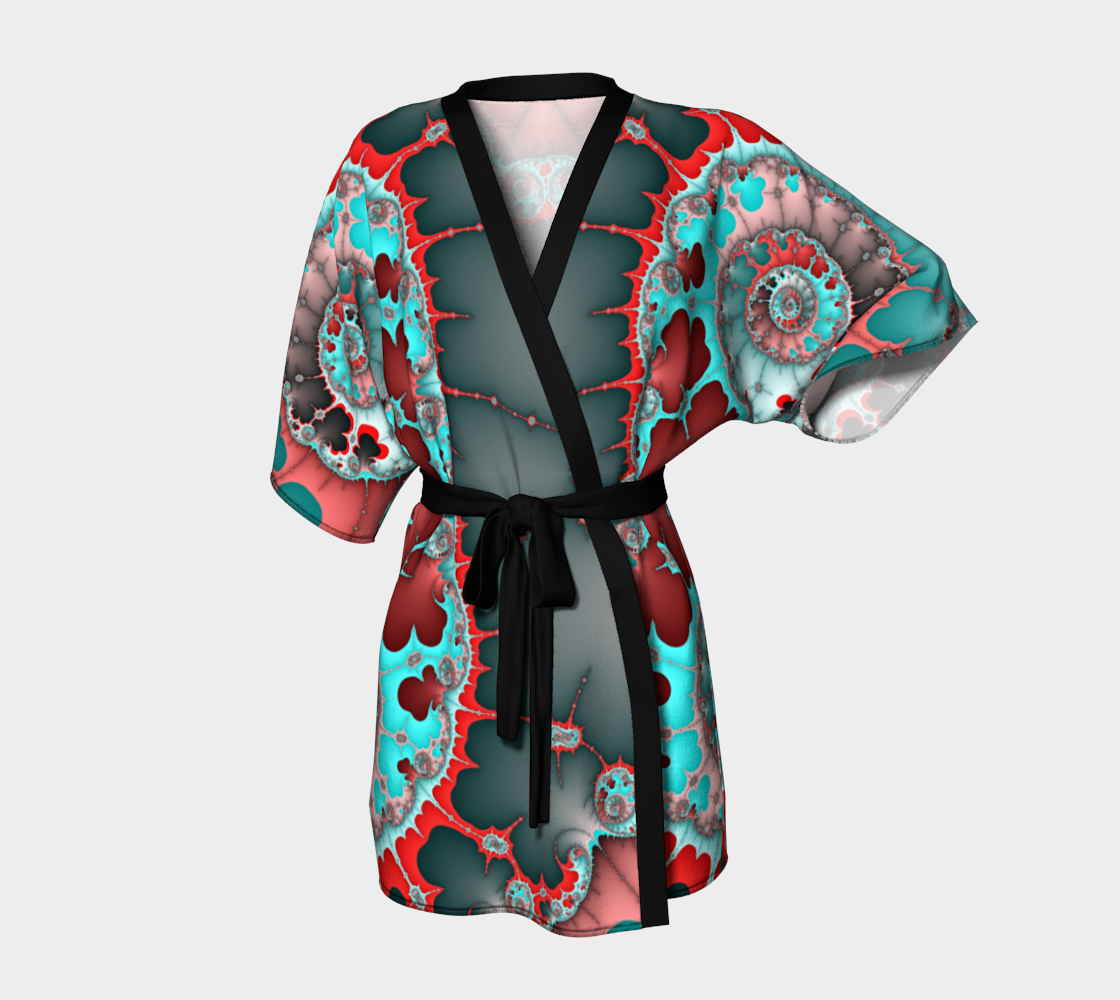 Turquoise and Red Fractal Spiral Abstract Robe preview