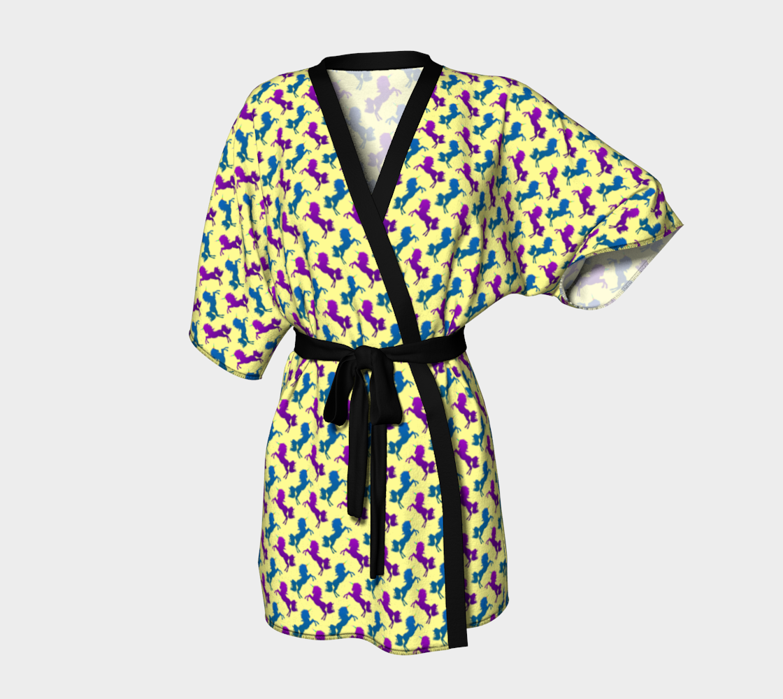 Aperçu de Purple & Blue Unicorn Pattern on Light Yellow Kimono Robe, AWSD
