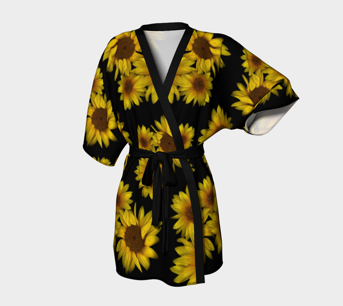 Kimono Robe * Yellow Sunflowers on Black * Womens Floral Wrap Around Bathrobe * Sunflower Triple preview