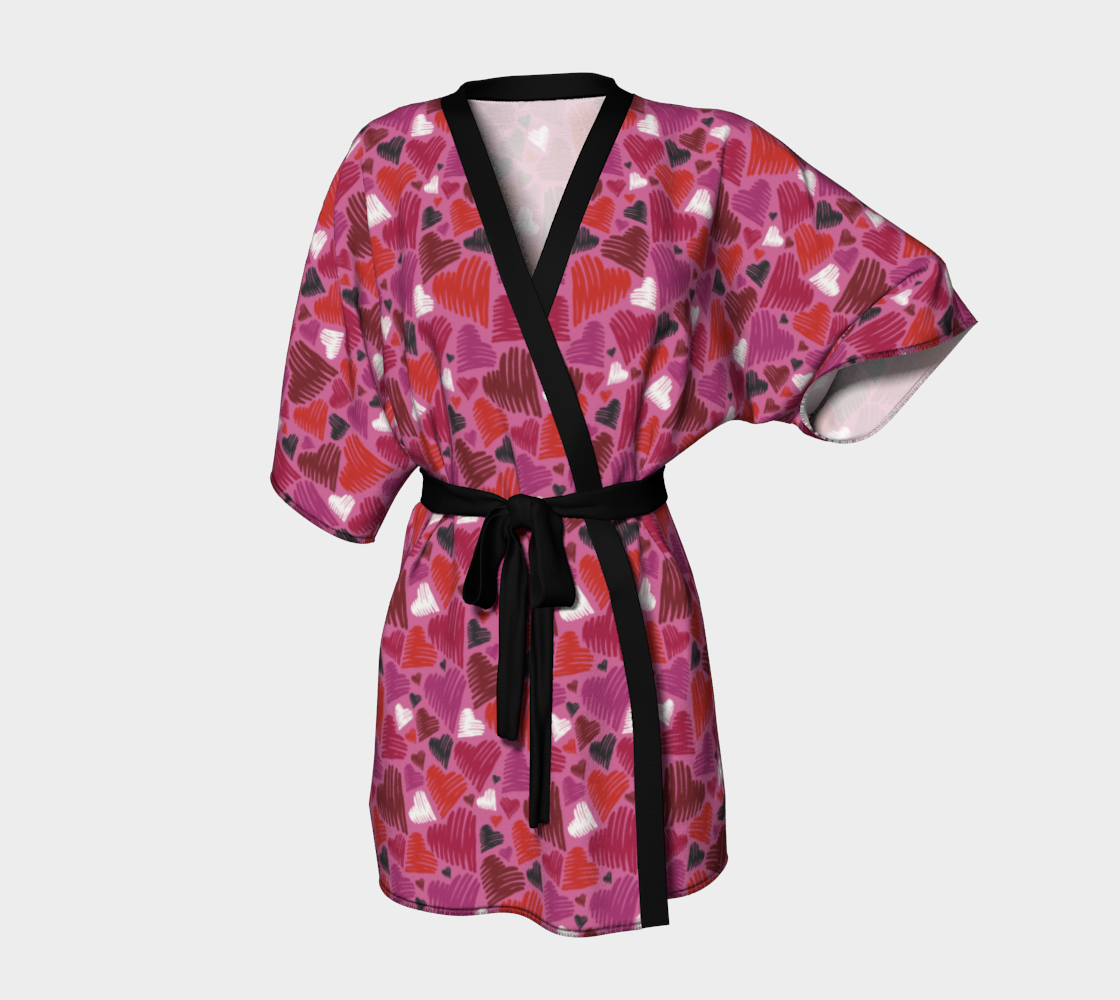 Scribble Hearts Kimono Robe - Pink preview