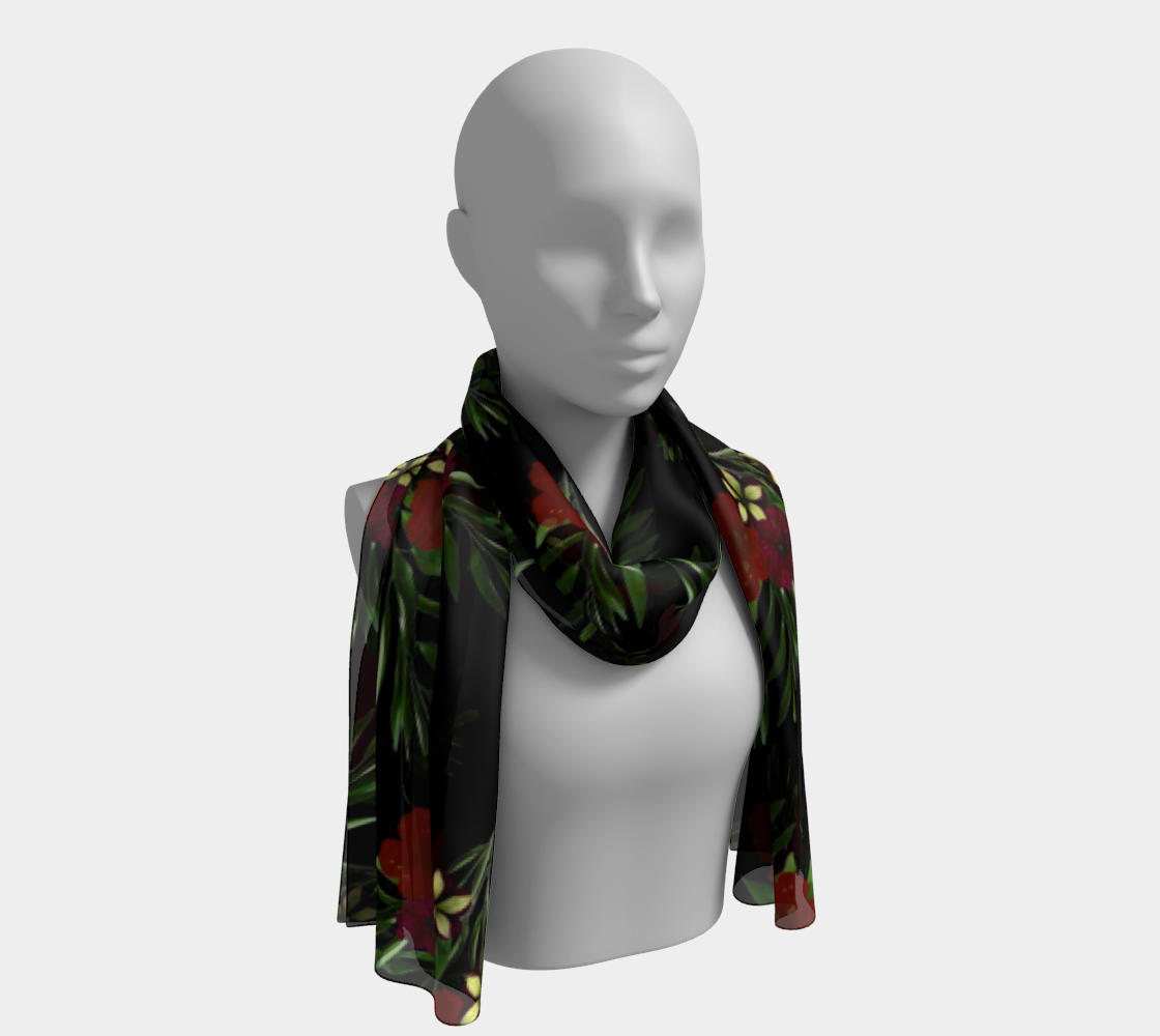 Aperçu 3D de Long Scarf * Abstract Floral Sheer Silk Scarves * Black Red Green Flowered Scarf * Holiday Womens Scarves* Red Petunia w/greenery
