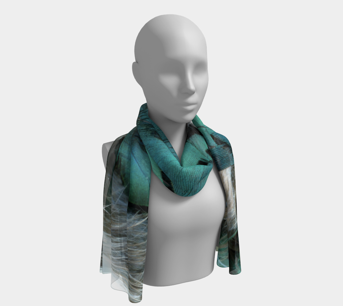 Long Scarf * Blue Grey Pheasant Feathers Printed on Silk or Poly Scarves Miniature #2