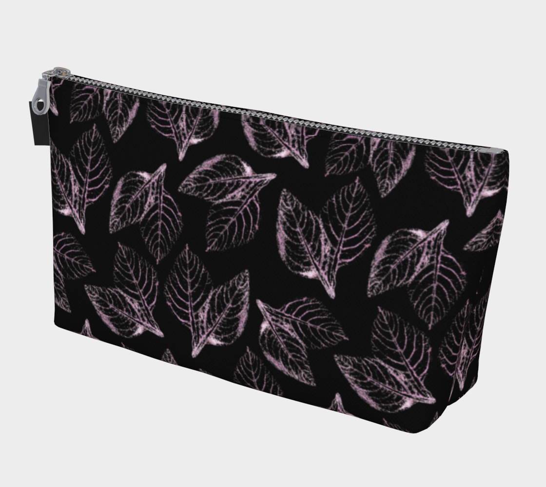 Makeup Bag * Abstract Floral Travel Pouch * Flowered Cosmetics Bag * PInk Amaranth Leaves on Black Watercolor Impressions  Design preview