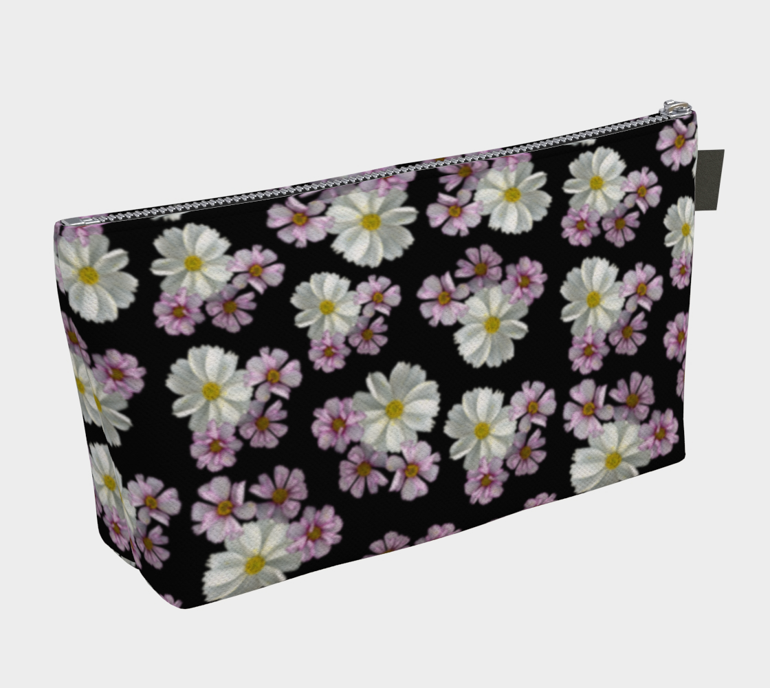 Aperçu de Makeup Bag * Abstract Floral Travel Pouch * Flowered Cosmetics Bag * Pink Purple White Cosmos Blossoms  Black #2