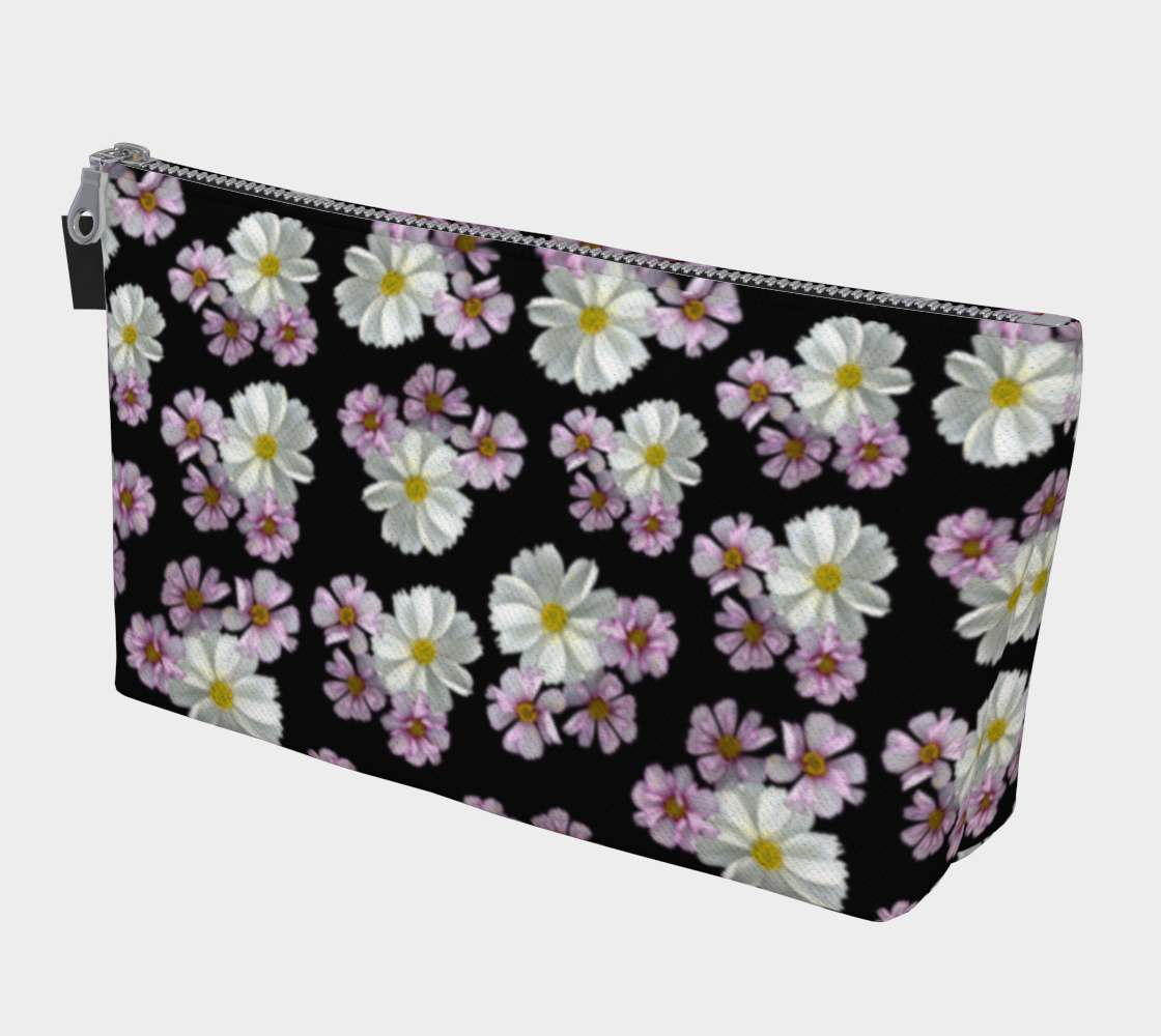Aperçu 3D de Makeup Bag * Abstract Floral Travel Pouch * Flowered Cosmetics Bag * Pink Purple White Cosmos Blossoms  Black