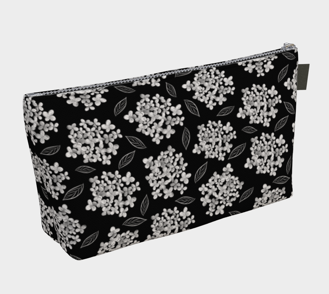 Makeup Bag * Abstract Floral Travel Pouch * Flowered Cosmetics Bag * White Hydrangea on Black * Pristine Miniature #3