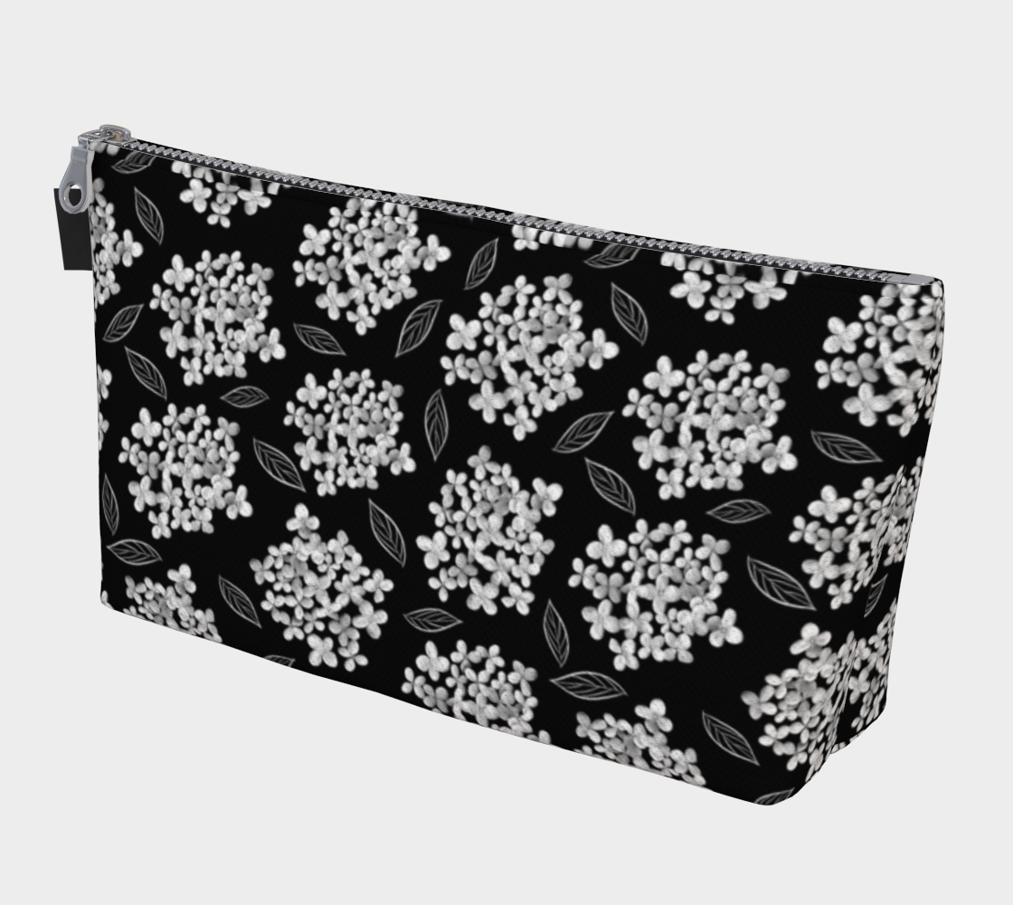 Makeup Bag * Abstract Floral Travel Pouch * Flowered Cosmetics Bag * White Hydrangea on Black * Pristine preview