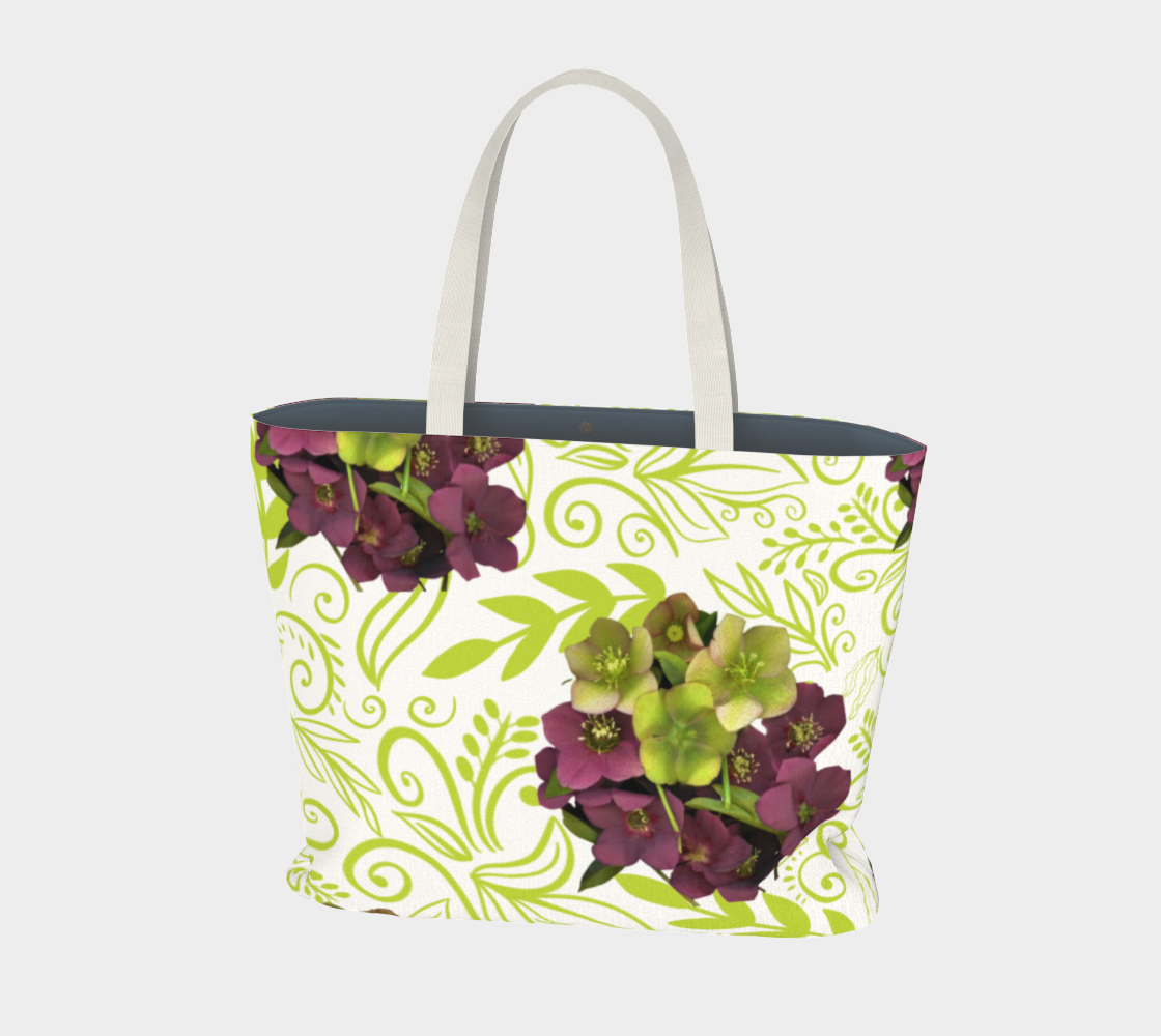 Aperçu de Large Tote Bag * Abstract Floral Big Travel Tote * Purple Green Hellebore Flowers 