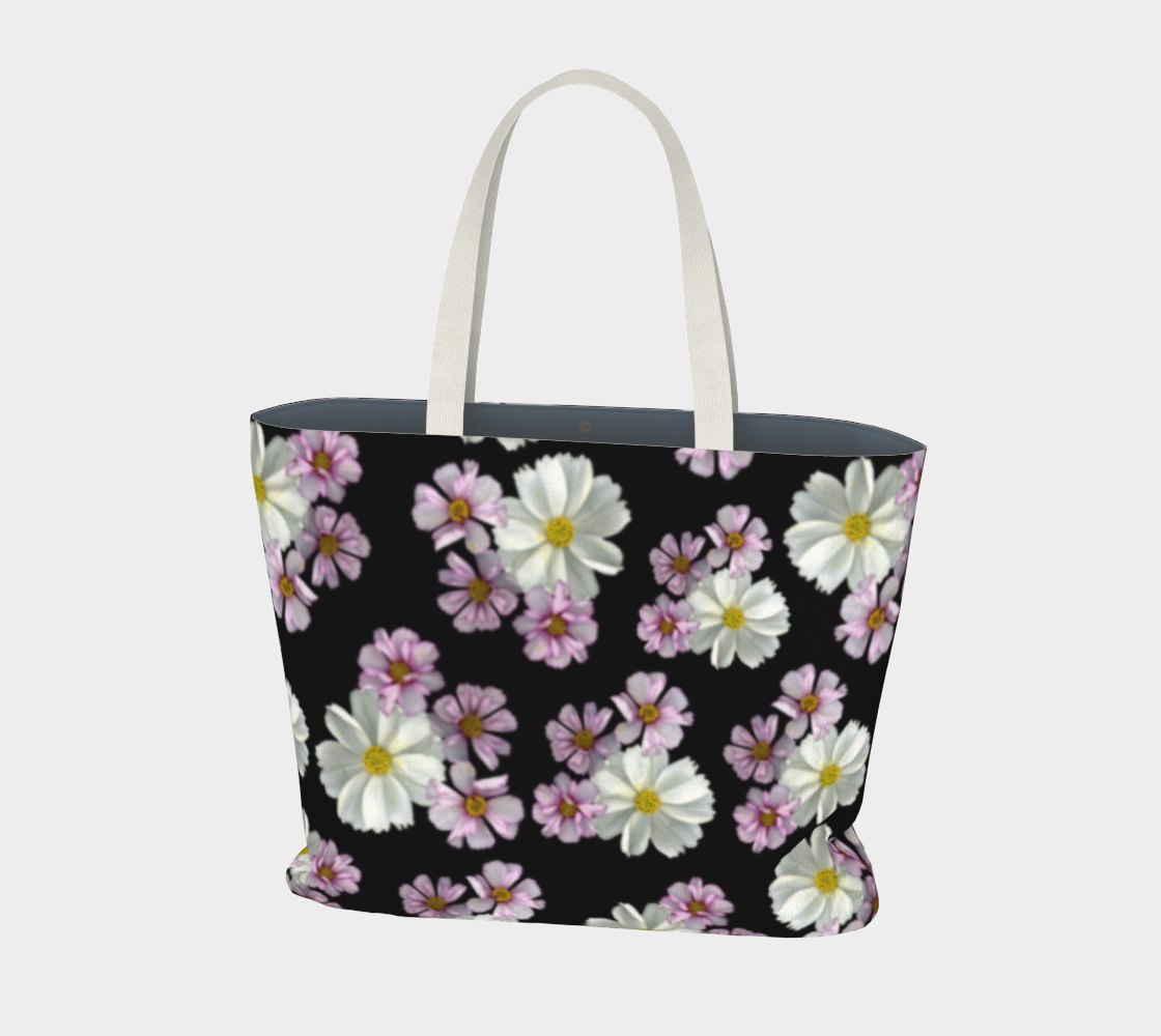 Large Tote * Floral Big Tote Bag * Pink Purple White Cosmos Blossoms on Black  preview
