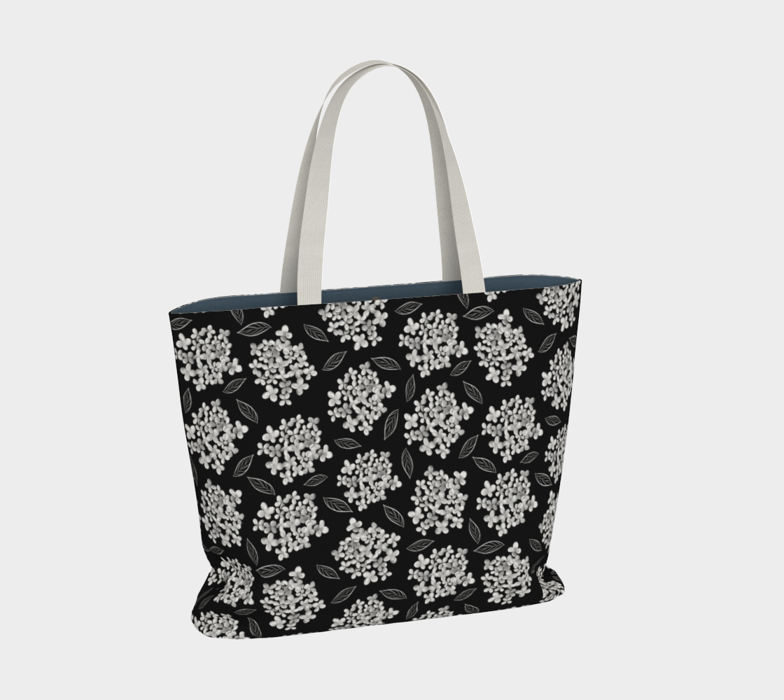 Large Tote * Floral Big Tote Bag * White Hydrangea on Black * Pristine  Miniature #3