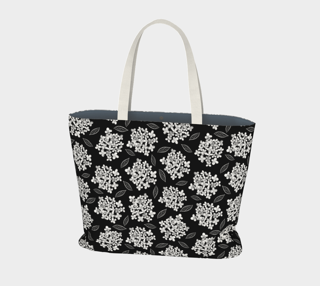 Aperçu de Large Tote * Floral Big Tote Bag * White Hydrangea on Black * Pristine 