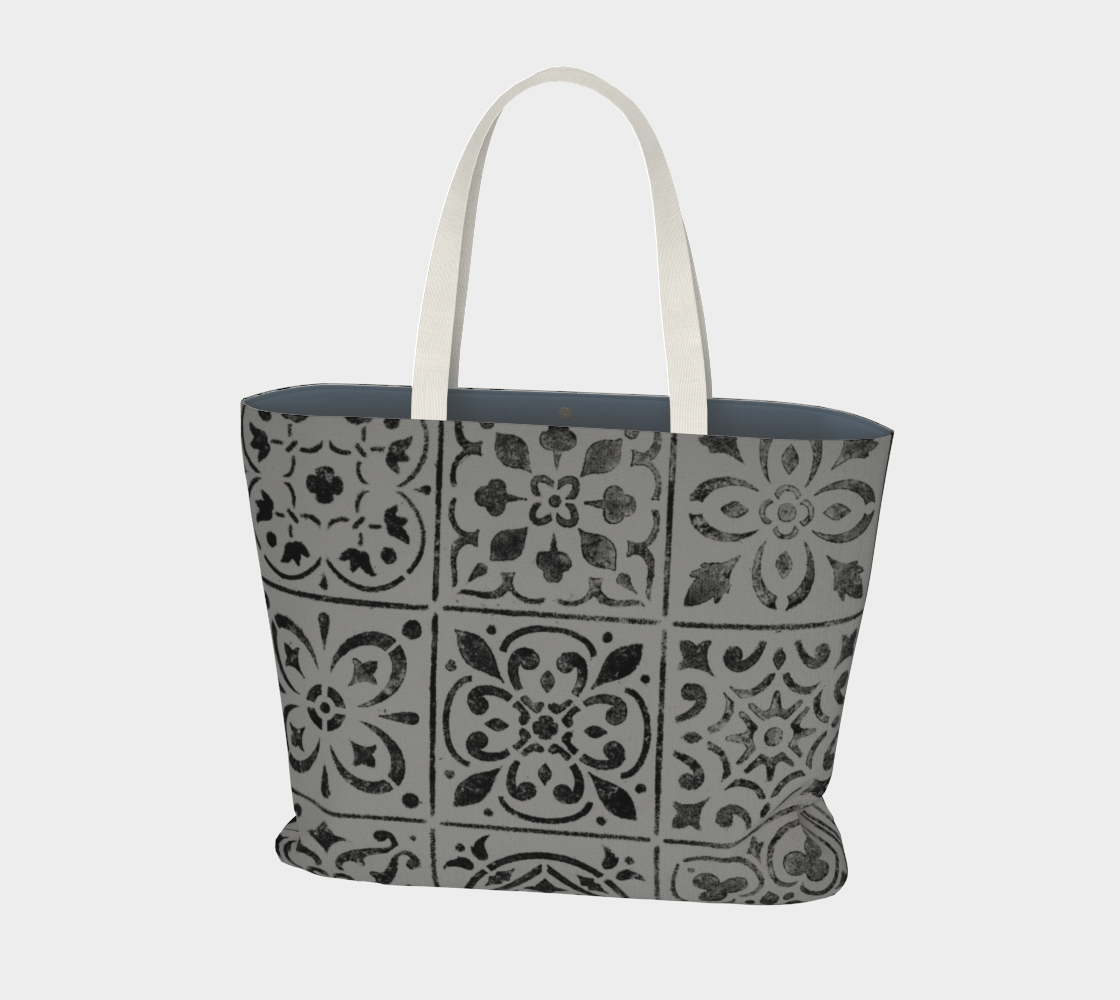 Large Tote Bag * Black Gray Abstract Geometric Moroccan Tile Print  preview