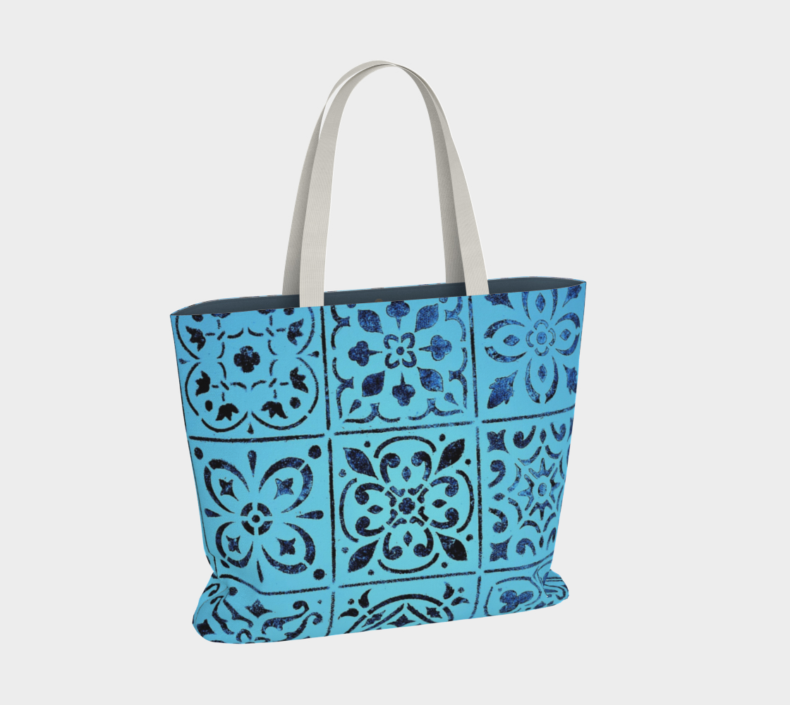 Large Tote Bag * Blue Moroccan Tile Print * Abstract Geometric Shoulder Tote Miniature #3