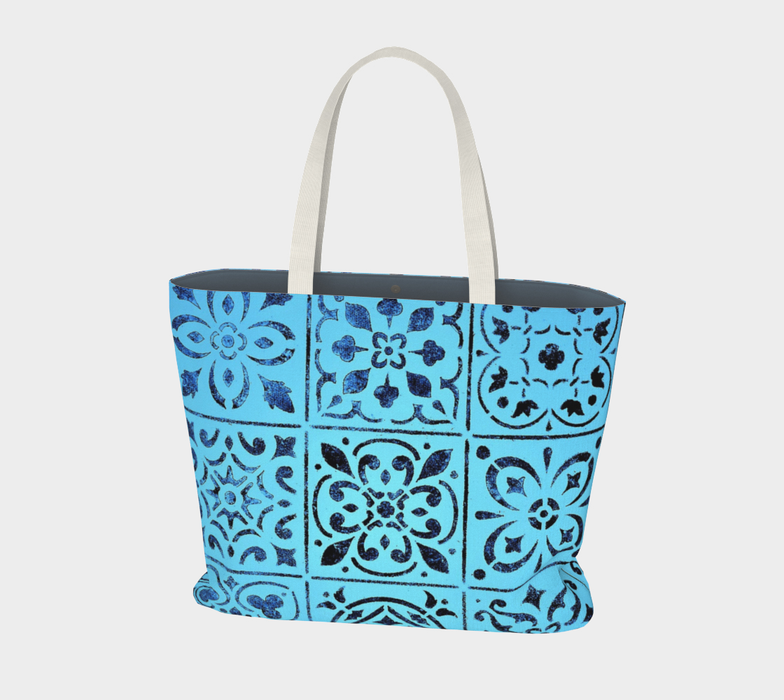 Large Tote Bag * Blue Moroccan Tile Print * Abstract Geometric Shoulder Tote Miniature #2