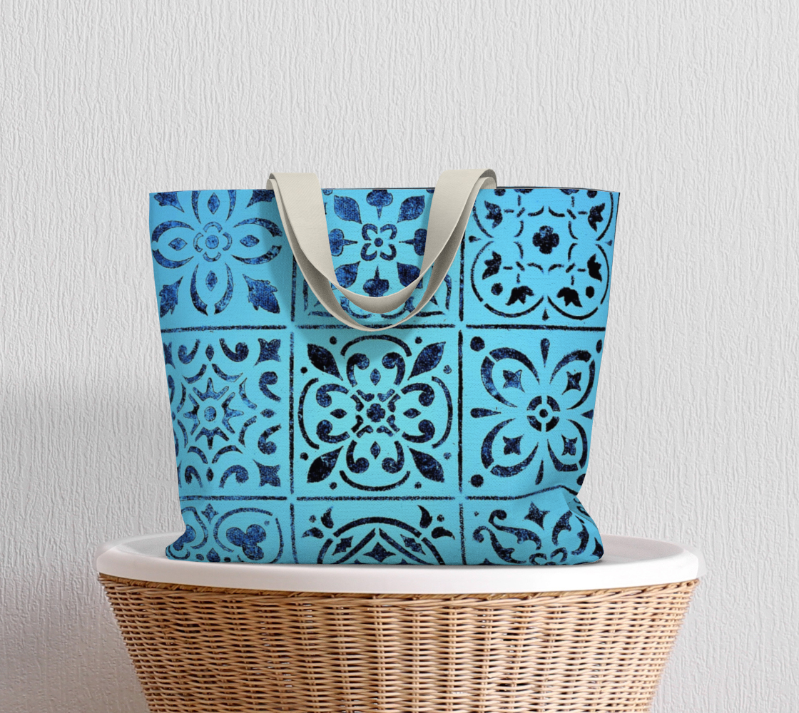 Large Tote Bag * Blue Moroccan Tile Print * Abstract Geometric Shoulder Tote Miniature #6