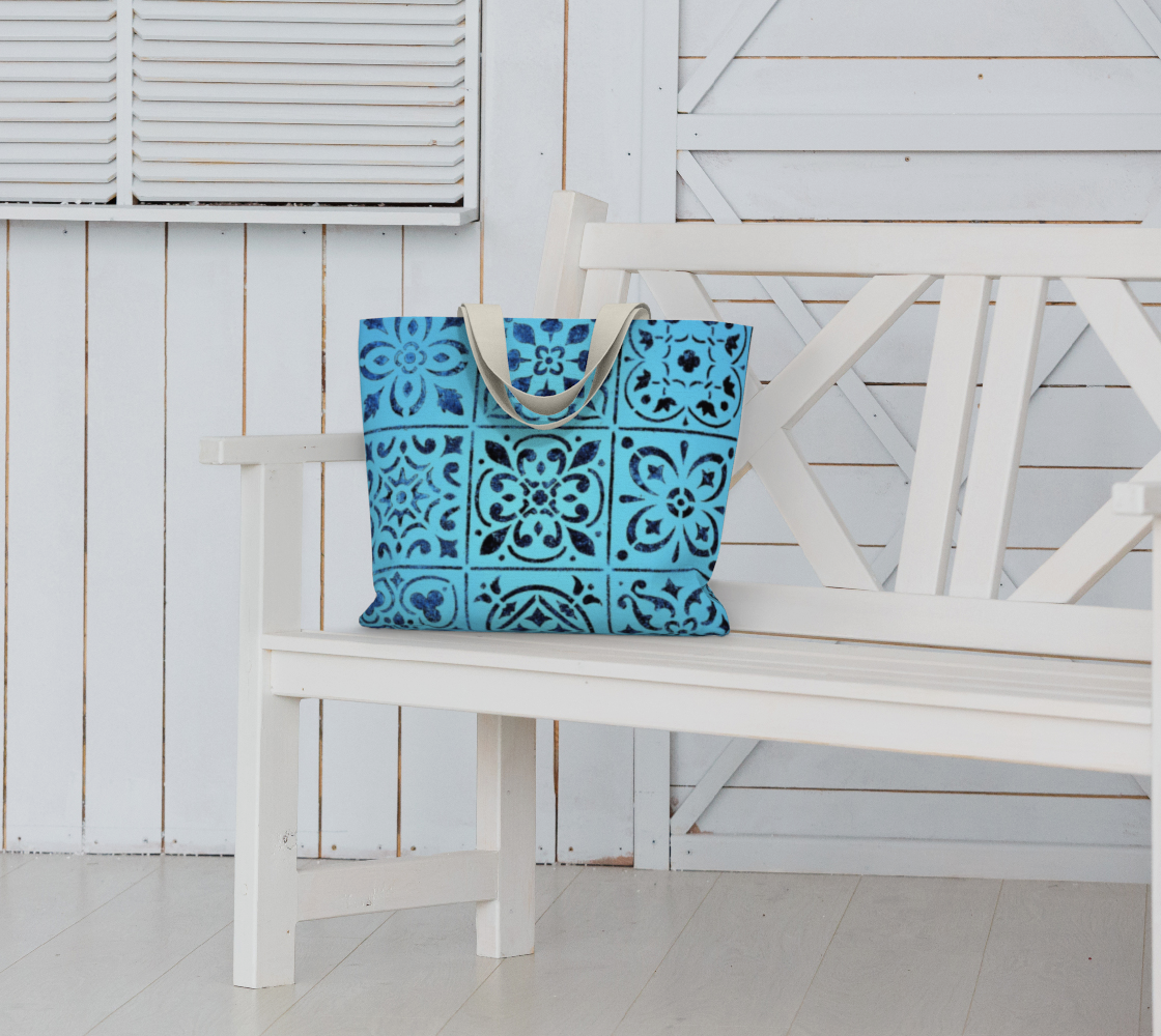 Large Tote Bag * Blue Moroccan Tile Print * Abstract Geometric Shoulder Tote thumbnail #7