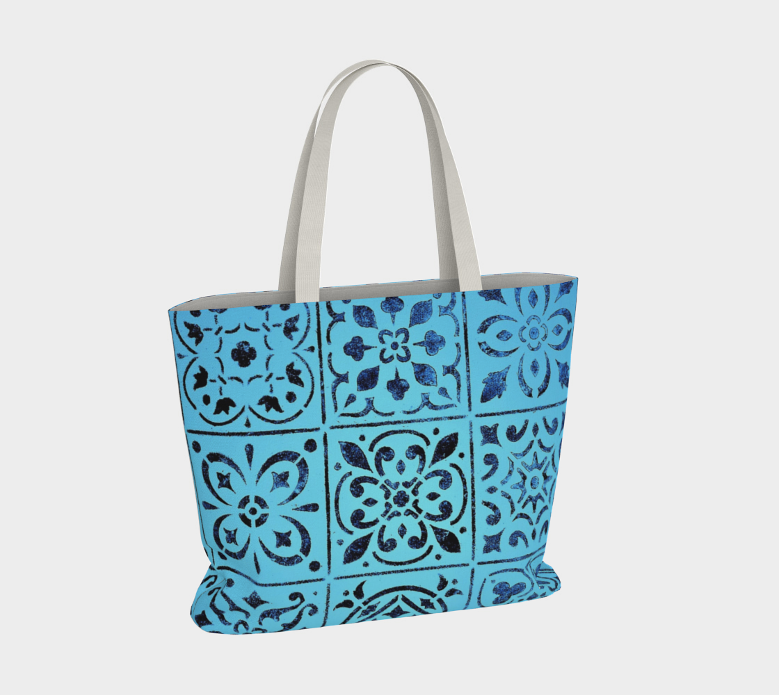 Large Tote Bag * Blue Moroccan Tile Print * Abstract Geometric Shoulder Tote Miniature #5