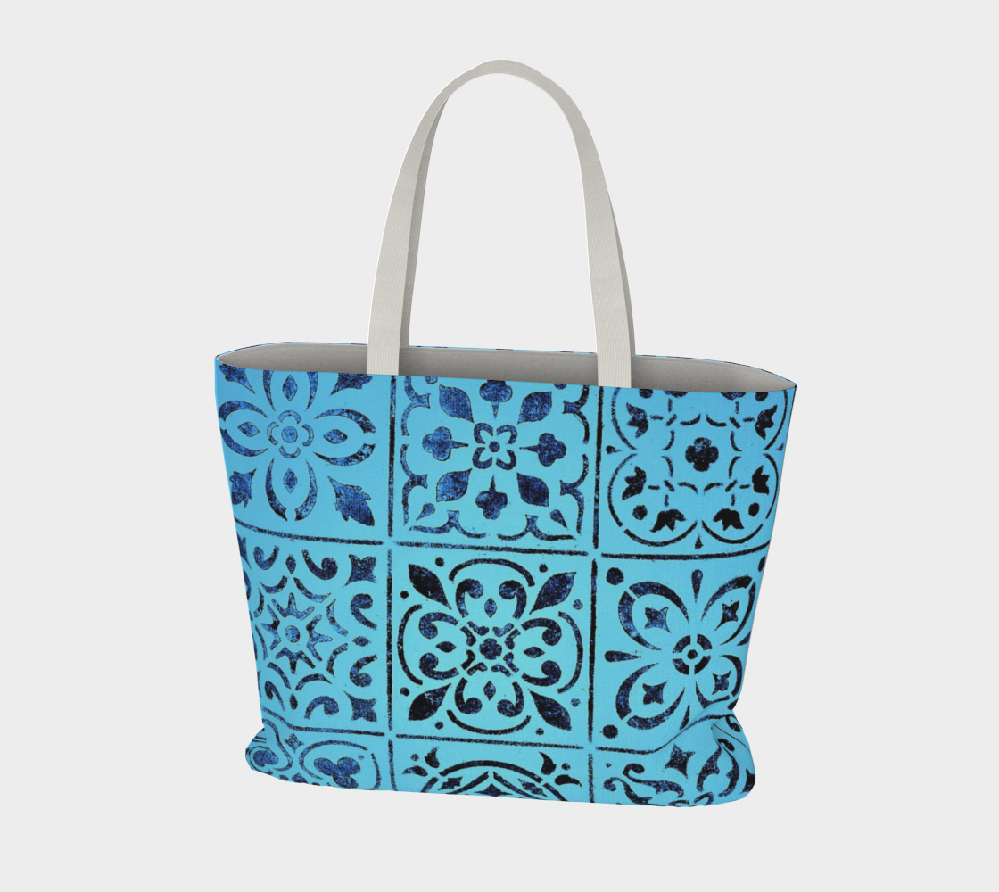 Aperçu de Large Tote Bag * Blue Moroccan Tile Print * Abstract Geometric Shoulder Tote #3