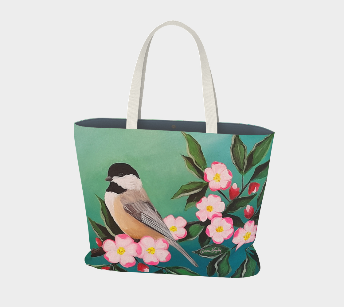 Apple Blossom Chickadee Large Tote Bag preview