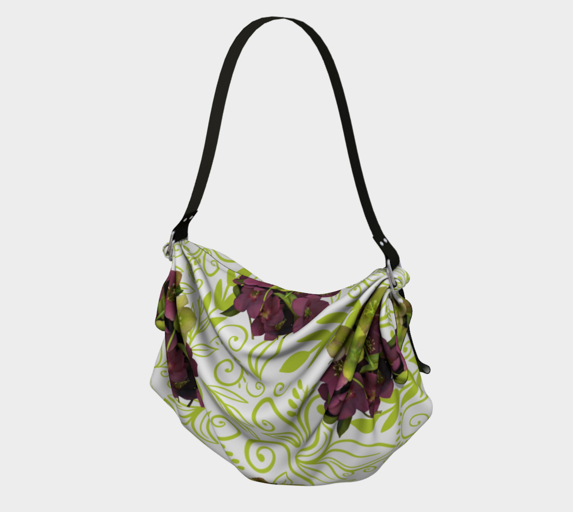 Aperçu de Origami Tote * Bright Colorful Floral Bag*Flowered Multicolor Pouch*Shawl*Shoulder Wrap*Versatile Organizer*Purple Green Hellebore Flowers