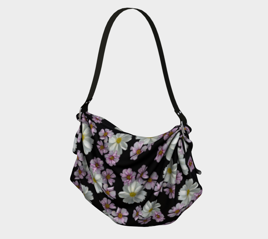 Origami Tote * Abstract Black Floral Shoulder Bag *Pink Purple White Cosmos Blossoms preview