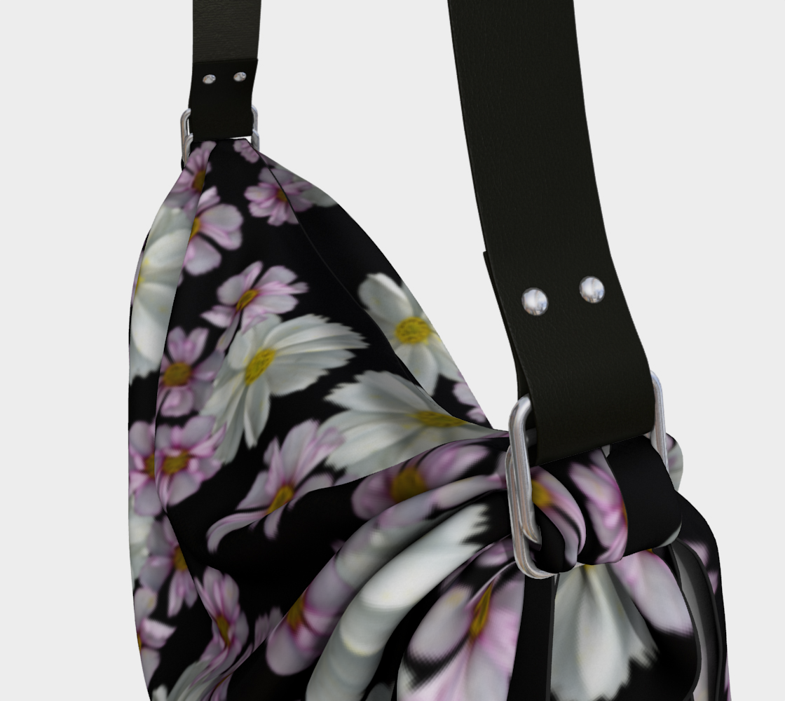 Origami Tote * Abstract Black Floral Shoulder Bag *Pink Purple White Cosmos Blossoms Miniature #4
