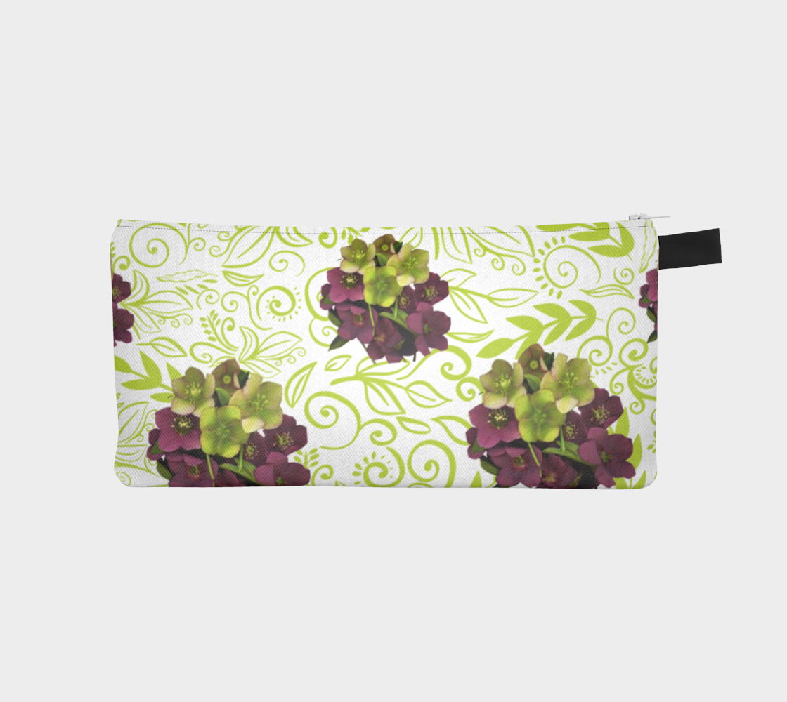 Aperçu de Pencil Case * Purple Green Floral Makeup Pouch * Flowered Small Cosmetics Travel Organizer Bag * Hellebore Bouquet Green