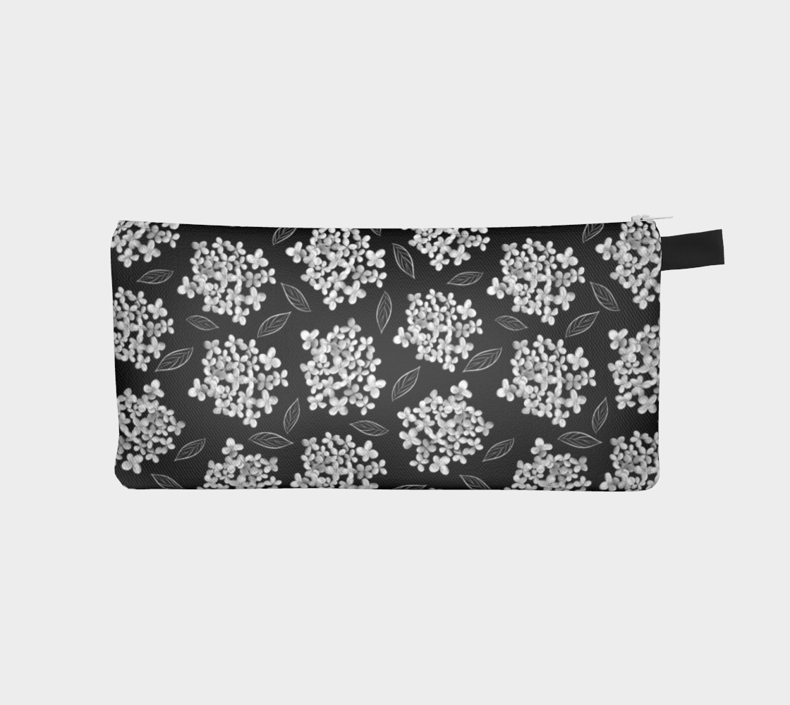 Aperçu de Pencil Case * Abstract Floral Makeup Pouch * Small Travel Organizer Bag * White Hydrangea on Black * Pristine #1