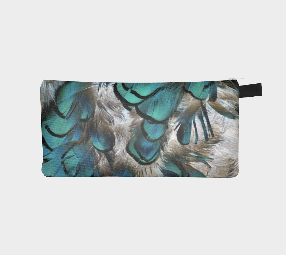 Pencil Case * Blue Grey Pheasant Feathers Printed Makeup Pouch*Travel Organizer preview